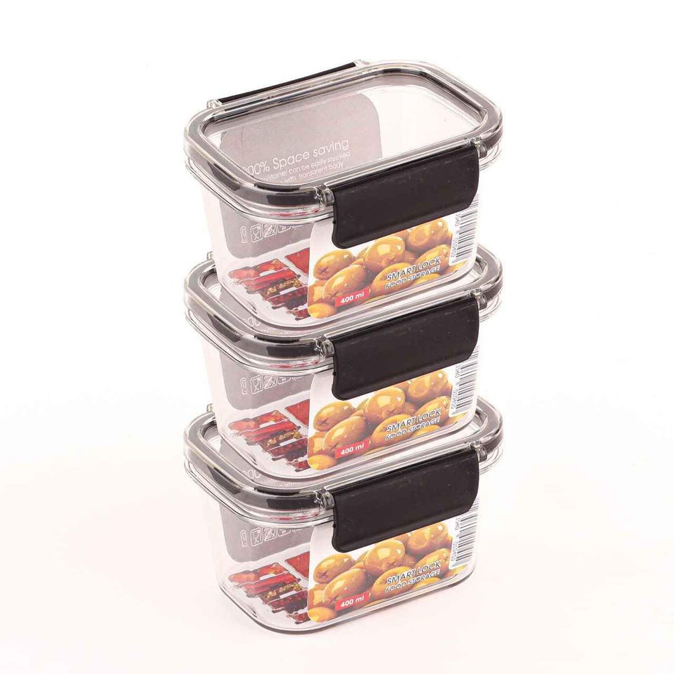 Acrylic Refrigerator Food Container, Set of 3 Pieces with Airtight Lock – Clear Silicone Sides, 3 x 400ml