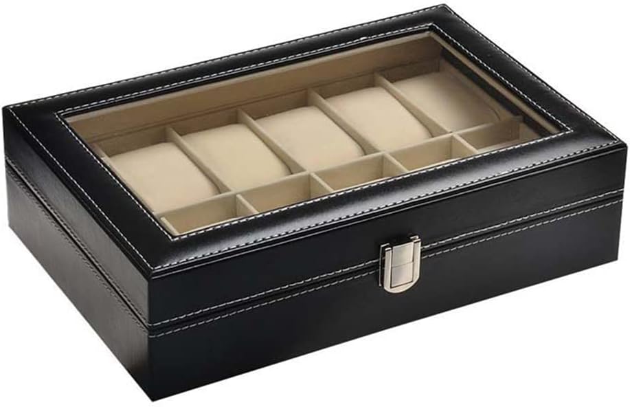 Watches Organizer Large 12 Slot Watch Display Case Organizer With Glass Lid,Watch Box Organizer For Men, Mens Jewelry Box With Removable Pillow,Black PU Leather