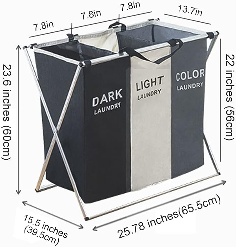 "120L Laundry Sorter – 3 Section Foldable Hamper with Aluminum X-Frame, Waterproof Laundry Basket for Bathroom, Bedroom, or Nursery"