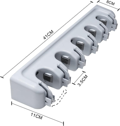 حامل مكنسة وممسحة، منظم مثبت على الحائط مع 5 مواضع و6 خطافات، حلول تخزين غرفة المرافق للمطبخ والحمام والجراج والحديقة