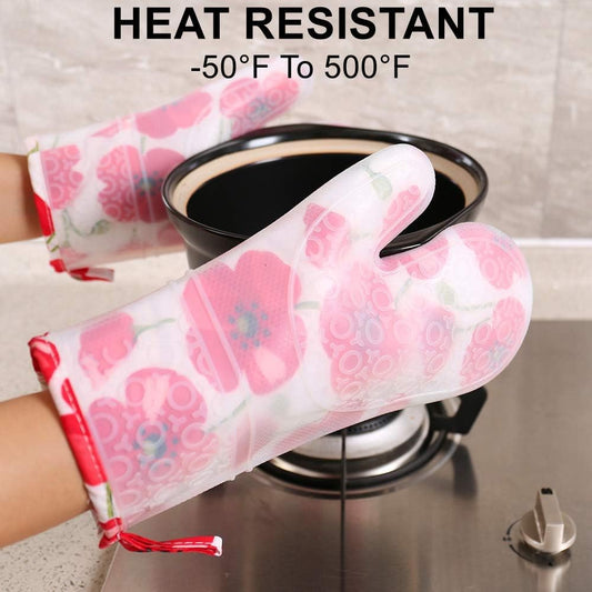 Oven Mitts  with Transparent Clear Silicone Shell and Cotton Lining, Heat Resistant to 500 F Kitchen Oven Gloves Pot Holder for Cooking, Barbecue Cooking Baking, BBQ