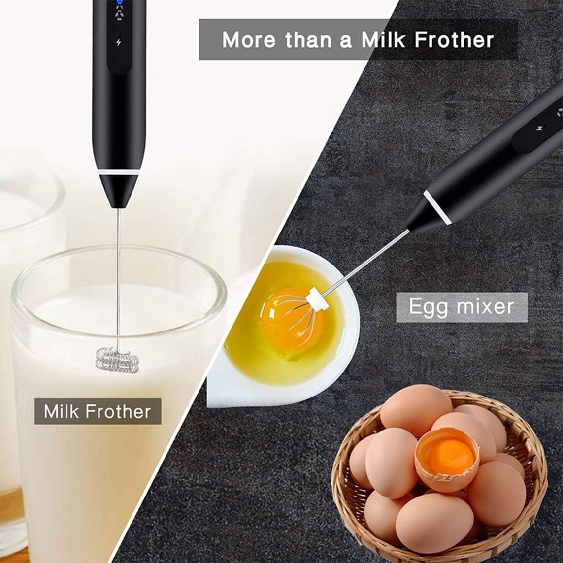 Rechargeable Handheld Milk Frother with 3-Speed Adjustable for Latte Coffee Cappuccino, with Extra Egg Mixer