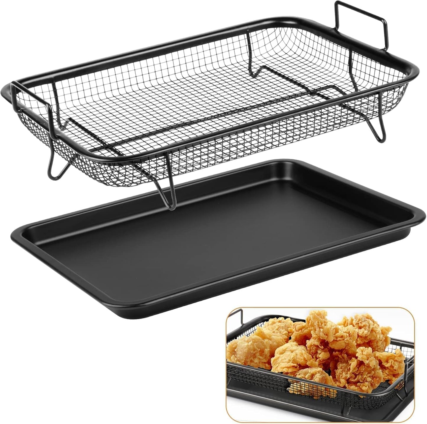 Air Fryer Basket for Oven, Stainless Steel Roasting Oven Tray, Non-Stick Mesh Basket Set, Air Fryer Tray, Oven Rack Basket for Meat, Set of 2, Black