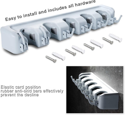 حامل مكنسة وممسحة، منظم مثبت على الحائط مع 5 مواضع و6 خطافات، حلول تخزين غرفة المرافق للمطبخ والحمام والجراج والحديقة