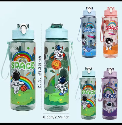 Kids Space Theme Water Bottle, 750ml, Silicone Straw with Safety Latch