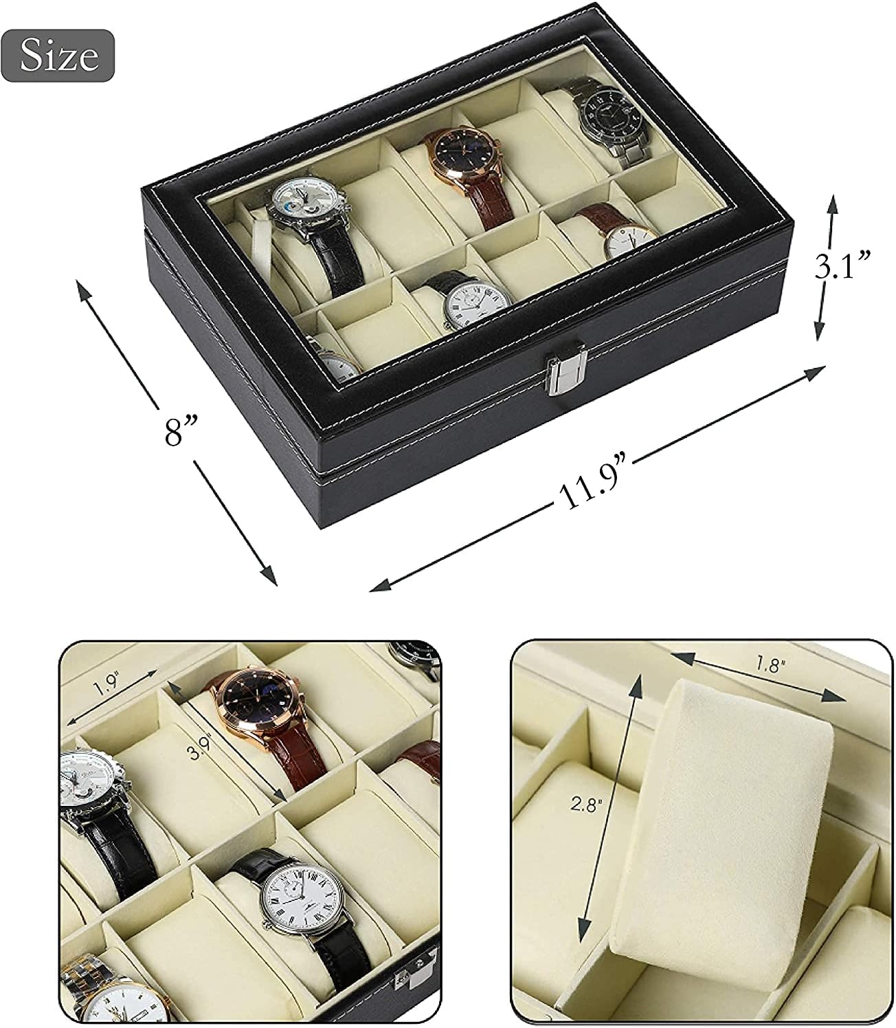 Watches Organizer Large 12 Slot Watch Display Case Organizer With Glass Lid,Watch Box Organizer For Men, Mens Jewelry Box With Removable Pillow,Black PU Leather