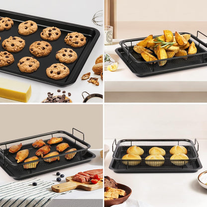 Air Fryer Basket for Oven, Stainless Steel Roasting Oven Tray, Non-Stick Mesh Basket Set, Air Fryer Tray, Oven Rack Basket for Meat, Set of 2, Black