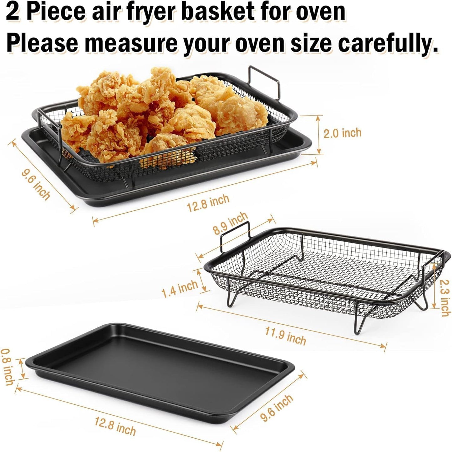 Air Fryer Basket for Oven, Stainless Steel Roasting Oven Tray, Non-Stick Mesh Basket Set, Air Fryer Tray, Oven Rack Basket for Meat, Set of 2, Black