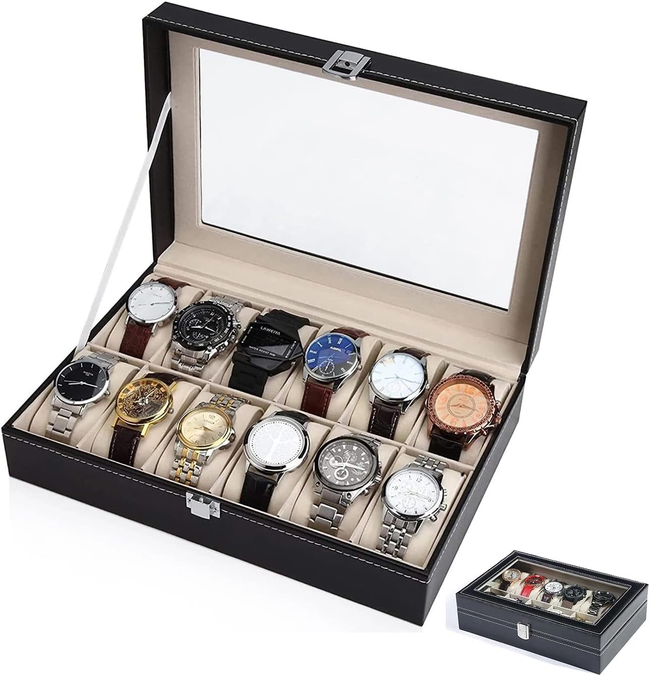 Watches Organizer Large 12 Slot Watch Display Case Organizer With Glass Lid,Watch Box Organizer For Men, Mens Jewelry Box With Removable Pillow,Black PU Leather