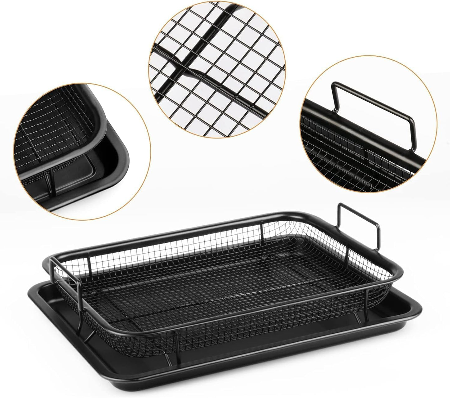 Air Fryer Basket for Oven, Stainless Steel Roasting Oven Tray, Non-Stick Mesh Basket Set, Air Fryer Tray, Oven Rack Basket for Meat, Set of 2, Black