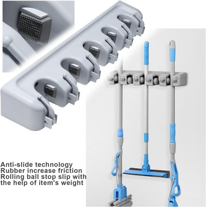 حامل مكنسة وممسحة، منظم مثبت على الحائط مع 5 مواضع و6 خطافات، حلول تخزين غرفة المرافق للمطبخ والحمام والجراج والحديقة