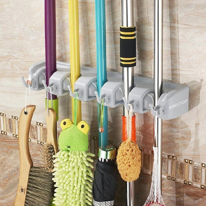 Broom Mop Holder, Wall Mounted Organizer with 5 Position 6 Hooks, Utility Room Storage Solutions for Kitchen, Bathroom, Garage and Garden