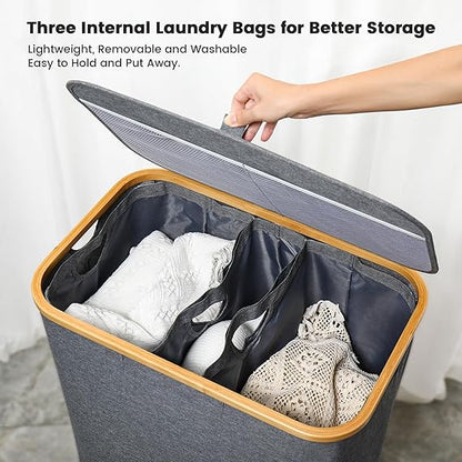 160L Extra Large Laundry Hamper with Lid 3 Section Foldable Basket with Removable Bags for Dirty Clothes Organization