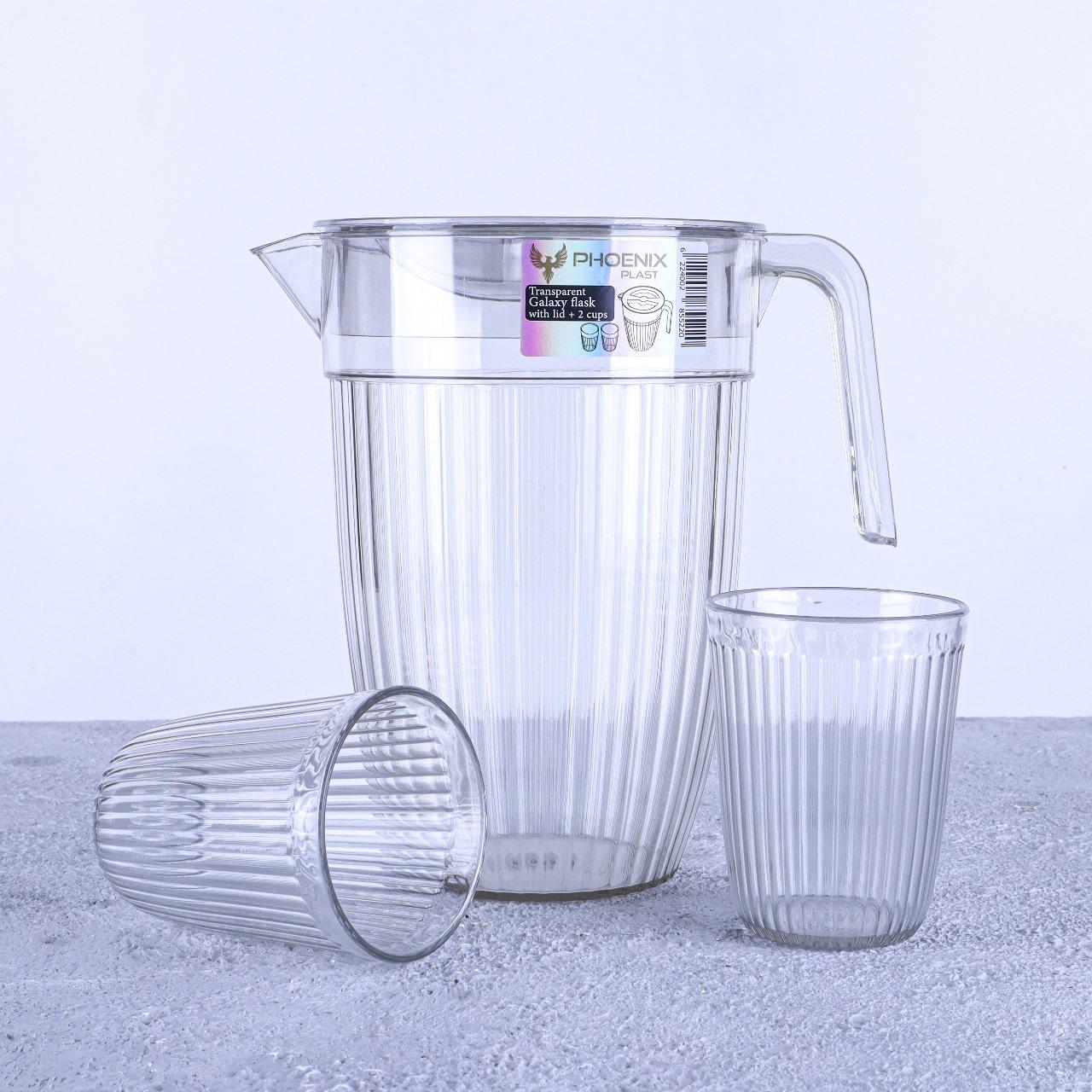 Acrylic Water Jug Juice Drink Jug with 2 Cups – Healthy Acrylic Drinkware Set, Refrigerator & Dishwasher Safe, 1.7L Capacity Jug with Durable Handle, 2-Way Lid and 2 Serving Cups