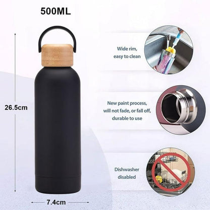 Stainless Steel Thermos Water Bottle, 500ml Water Bottle, Stylish, Lightweight, Direct Drinking, Wooden Lid, Cute, Milk Bottle, Leak Proof, For Gyms, Girls, Children, Boys, School, Insulated