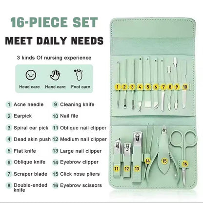 16pcs Nail Cutter Set – Stainless Steel Nail Clippers with Folding Bag, Manicure Cutter Kits, Makeup & Beauty Tools