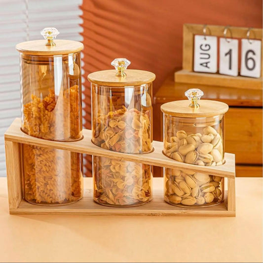 ✨ Glass Jars – Pearl Edition with Wooden Stand | Luxurious & Organized Storage ✨