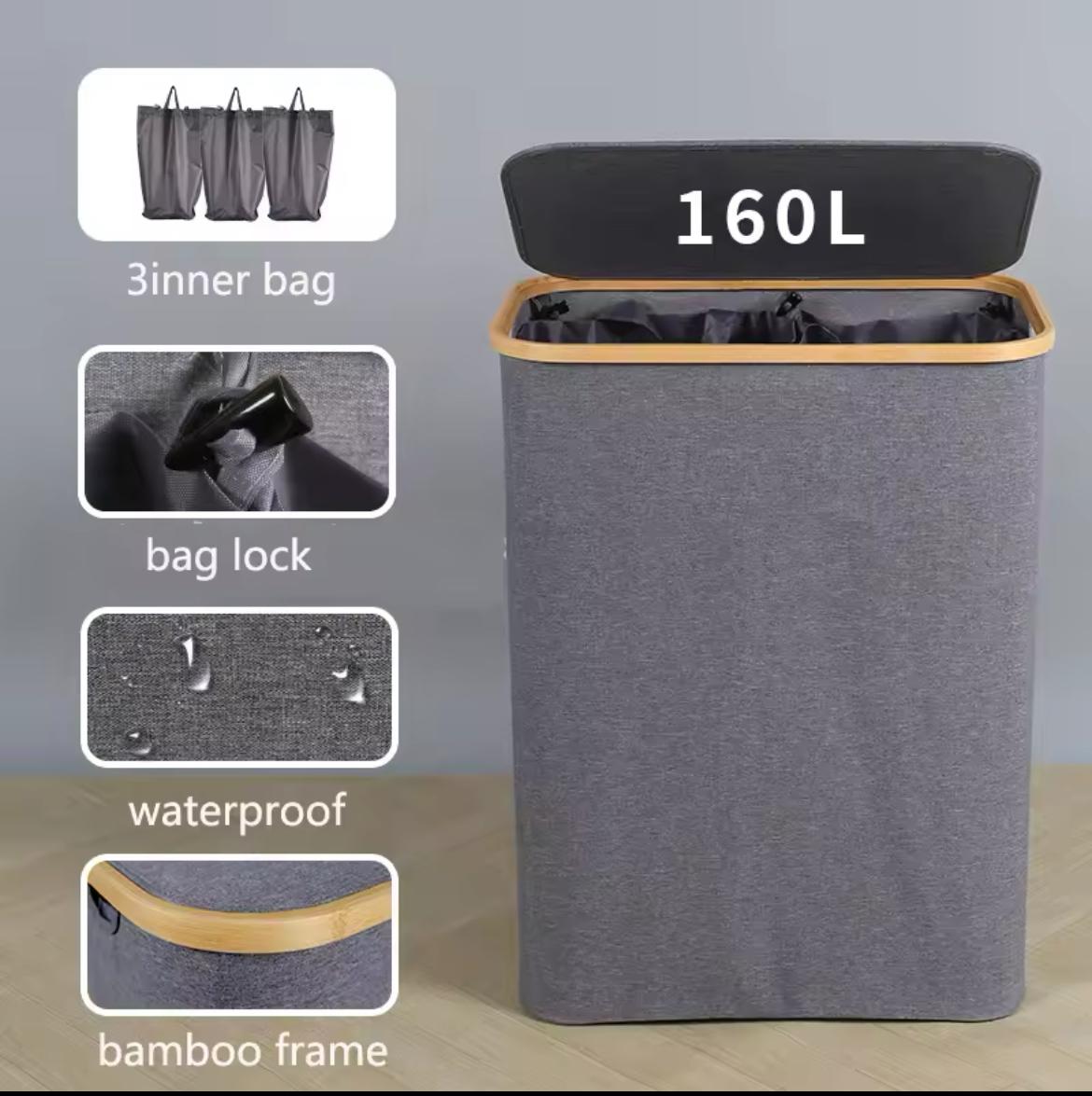 160L Extra Large Laundry Hamper with Lid 3 Section Foldable Basket with Removable Bags for Dirty Clothes Organization