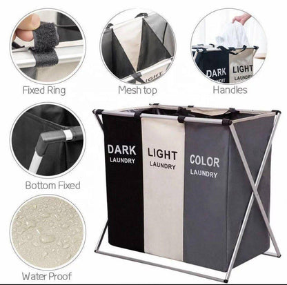 "120L Laundry Sorter – 3 Section Foldable Hamper with Aluminum X-Frame, Waterproof Laundry Basket for Bathroom, Bedroom, or Nursery"